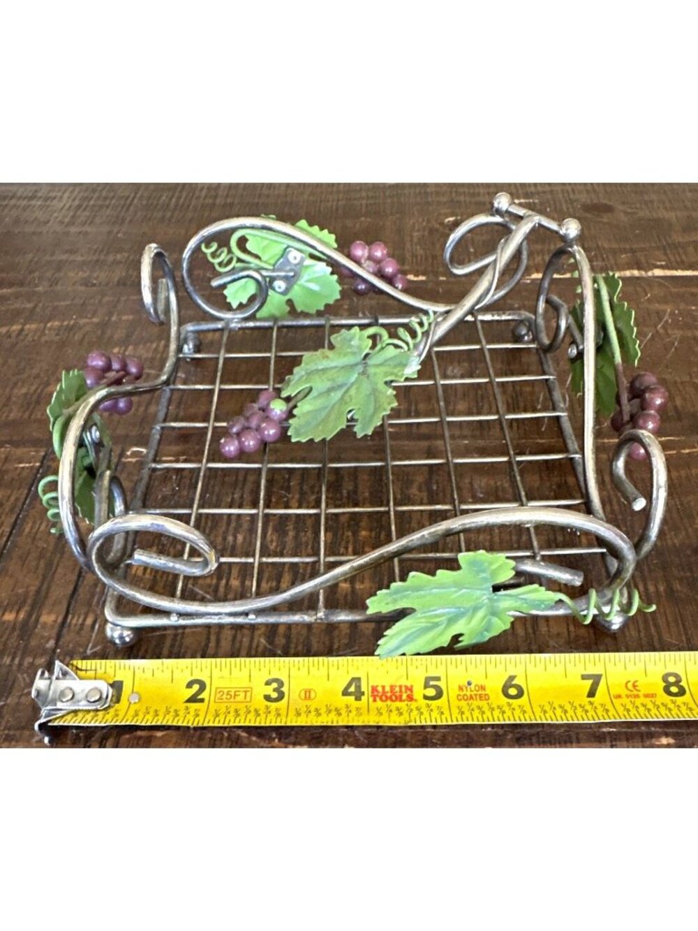 Small 8” Square Metal Wire Basket w/ Handle Grape Leaf Decor Silver Green Purple